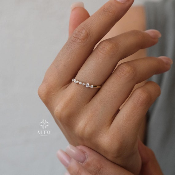 14K Gold Half Eternity Ring, 2mm CZ Diamond Wedding Ring, Round Wedding Ring, Delicate Engagement Band, Stacking Promise Ring