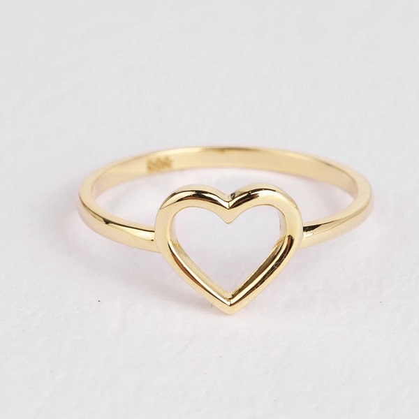 Anello cuore in oro massiccio 14K, anello impilabile delicato minimalista, anello di promessa, anello cuore di San Valentino, piccola forma d'amore, regalo per lei, vero oro