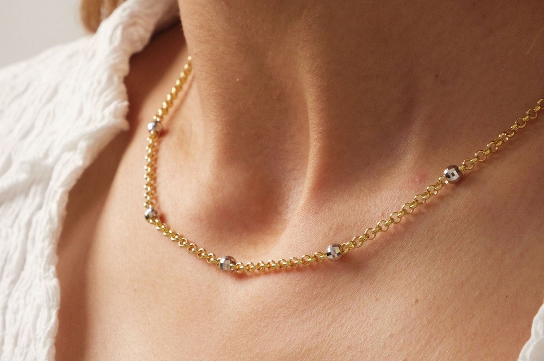 14K Gold Bead Chain Necklace, Two Tone Balls Necklace, Multi Balls Rolo Chain Necklace