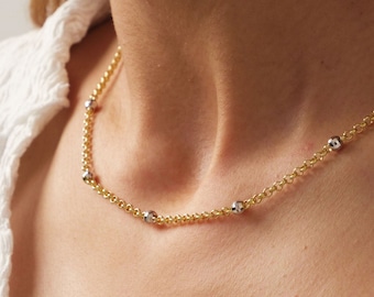 14K Gold Bead Chain Necklace, Two Tone Balls Necklace, Multi Balls Rolo Chain Necklace, Minimalist Fashion Delicate Necklace, Gift For Her