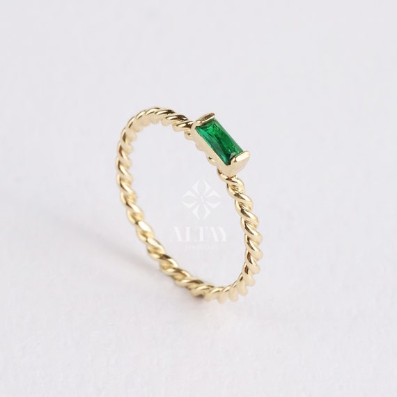 14K Gold Baguette Birthstone Ring, Custom Stackable Gemstone Ring, Braided Twist Rope Band Ring, Family Birthstone Ring, Personalized Gift