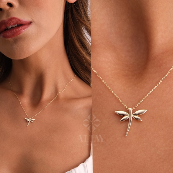 14K Gold Dragonfly Necklace, Dragonfly Charm Pendant, Minimalist Dragonfly Choker, Dragonfly Jewelry, Christmas Gift, Good Luck Gift For Her