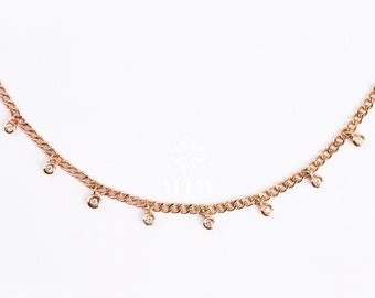 14K Gold Diamond Station Necklace, 0.23 ct Bezel Set Diamond Choker Necklace, Cuban Chain Dainty Gold Necklace, Multi Diamond Necklace