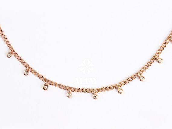 14K Gold Diamond Station Necklace, 0.23 ct Bezel Set Diamond Choker Necklace, Cuban Chain Dainty Gold Necklace, Multi Diamond Necklace