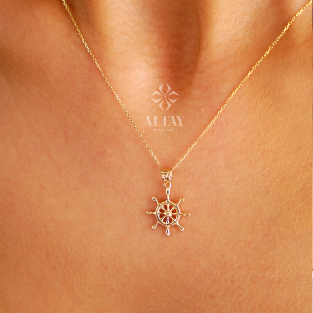 14K Gold Ship Wheel Necklace, Rudder Pendant, Nautical Charm, Boat Prow ...