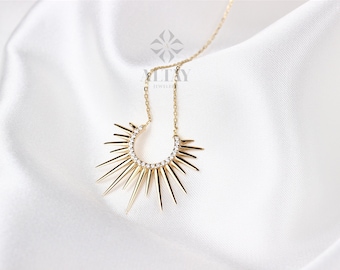 14K Gold Semicircle Sunshine Necklace, Sunburst Pendant Necklace, Sunburst Medallion Necklace, Celestial Necklace, Crescent Sun Necklace