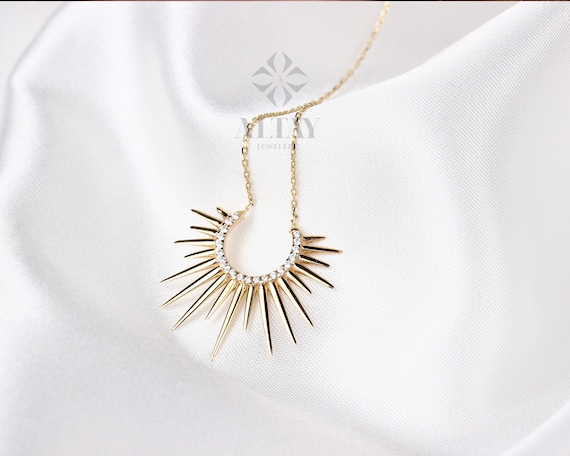 14K Gold Semicircle Sunshine Necklace, Sunburst Pendant Necklace, Sunburst Medallion Necklace, Celestial Necklace, Crescent Sun Necklace