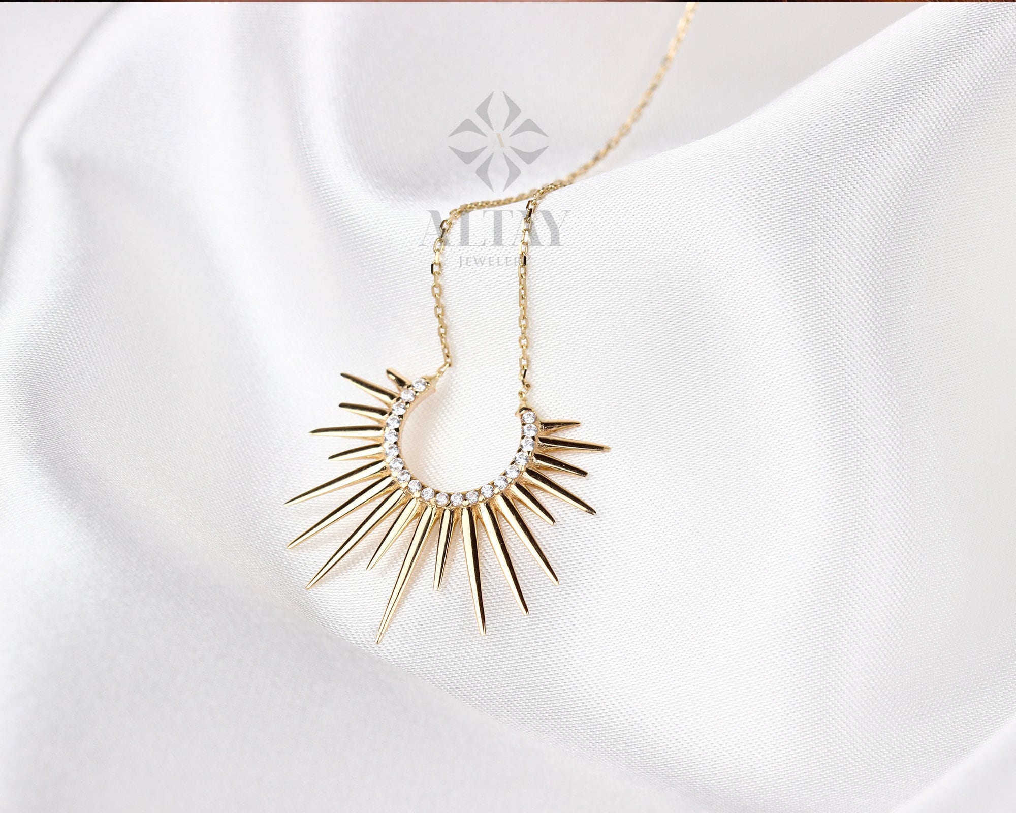 14K Gold Sunburst Necklace, Spikey Gold Sun Pendant, Celestial Layering Choker, Crescent Necklace, Semicircle Dainty Charm, Gift for Her - Etsy 14K Gold Sunburst Necklace, Spikey Gold Sun Pendant, Celestial Layering Choker, Crescent Necklace, Semicircle Dainty Charm, Gift for Her - Etsy
