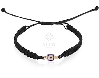 14K Gold Evil Eye String Bracelet, Adjustable Bracelet, Good Luck String, Silk Cord Evil Eye Bracelet, Tiny Rope Evil Eye, Minimalist Eye