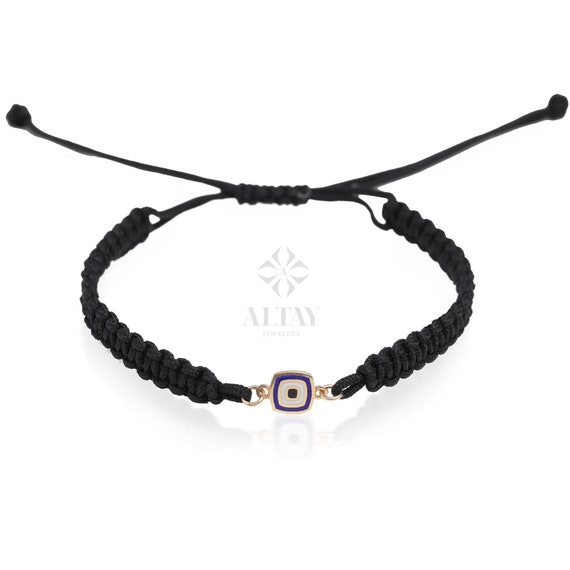 14K Gold Evil Eye String Bracelet, Adjustable Bracelet, Good Luck String, Silk Cord Evil Eye Bracelet, Tiny Rope Evil Eye, Minimalist Eye