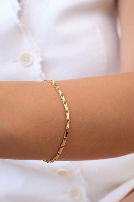 14K Gold Bar Link Bracelet, 2.50mm Minimal Gold Chain Bracelet, Dainty Flat Link Bracelet, Everyday Gold Bracelet, Gift for Her