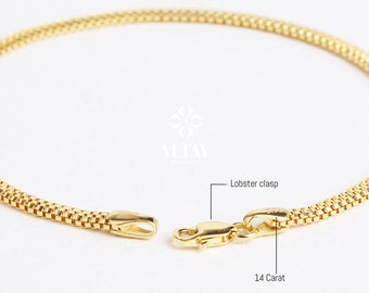 14K Gold Popcorn Bracelet, 3mm Curb Wrist Chain, Gold Herringbone Stack Link Chain, Braided Bismark Bracelet, Men Women Bracelet
