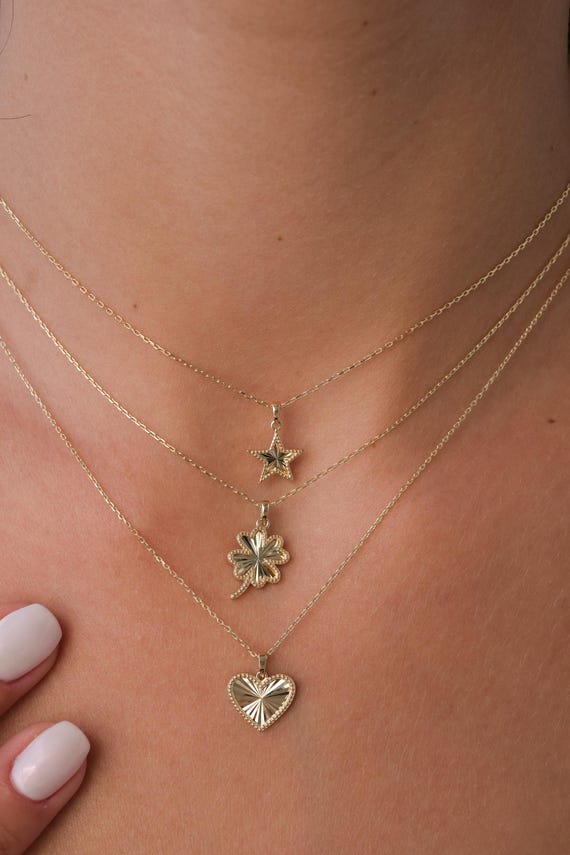 14K Gold Heart Star Clover Necklace, Mini Textured Heart Pendant, Sparkle Gold Star Charm, Small Clover Necklace, Love Pendant Necklace