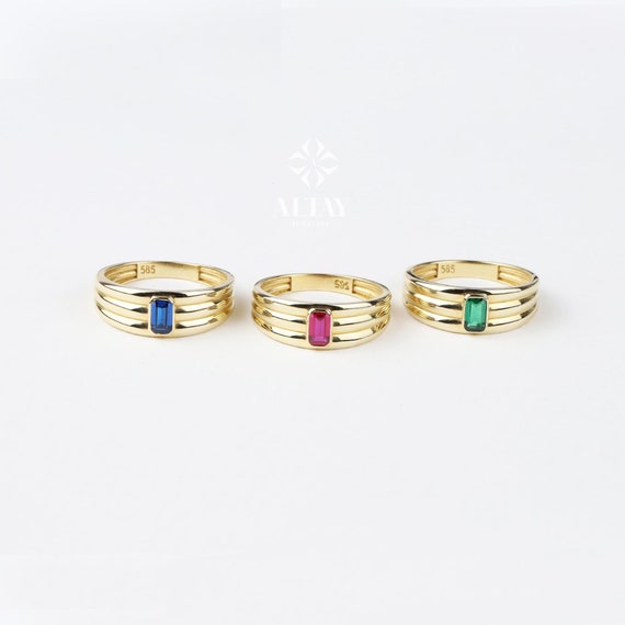 14K Gold Birthstone Ring, Emerald Gemstone Vintage Gold Stackable Ring, Dainty Gold Elegant Ring, Art Deco Wedding Band, Half Eternity Ring