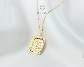 14K Gold Initial Necklace, Gold Letter Necklace, Square Block Letter, Custom Personalized Necklace, Medallion Necklace, Gift For Her Him