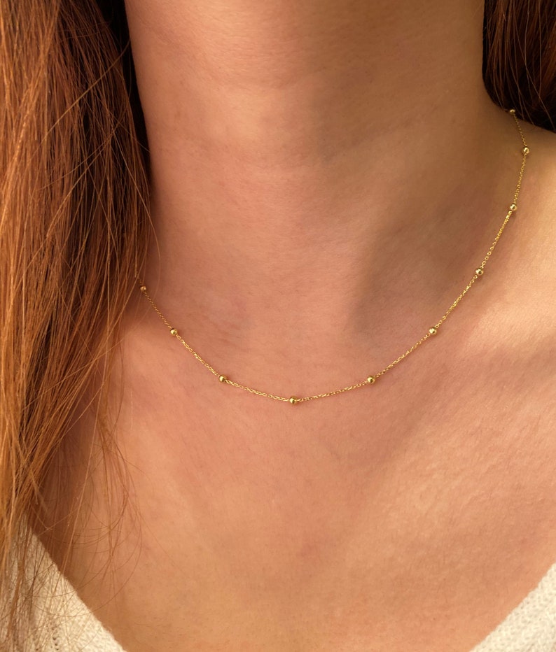 14K Gold Bead Chain Necklace, Mini Balls Necklace, Multi balls Chain Necklace, Minimalist Fashion Necklace, Delicate Modern, Gift For Her image 7