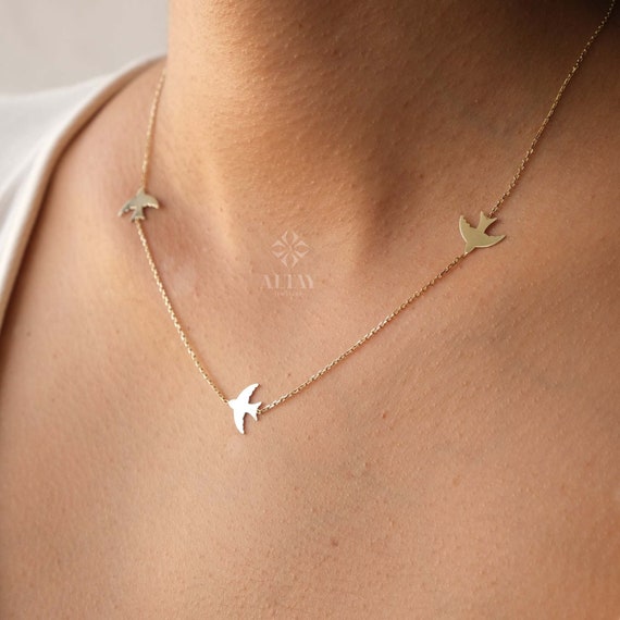 14K Gold Bird Necklace, Three Birds Necklace, Swallows Charm Necklace, Personalized Graduation Gift, Petite Station Chain Choker Necklace