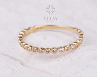 14K Gold Bezel Dot Ring, 2mm Beaded Gold Ring, Half Eternity Band Ring, Gold Thumb Ring, Eternity Ball Ring, Minimalist Wedding Band Ring