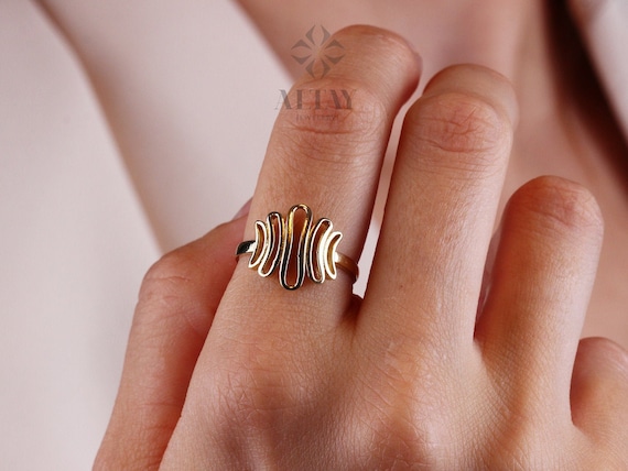 14K Gold ZigZag Ring, Vintage Style  Statement Ring, Sticks Ring, Unique Design, Jewelery, Minimalist, Gift For Her, Real Gold, Jewelry