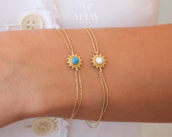 14K Gold Opal Bracelet, Blue and White Opal Charm Bracelet, Dainty Gold Stacking Bracelet, Opal Jewelry, Stacking Bracelet, Gift for Her