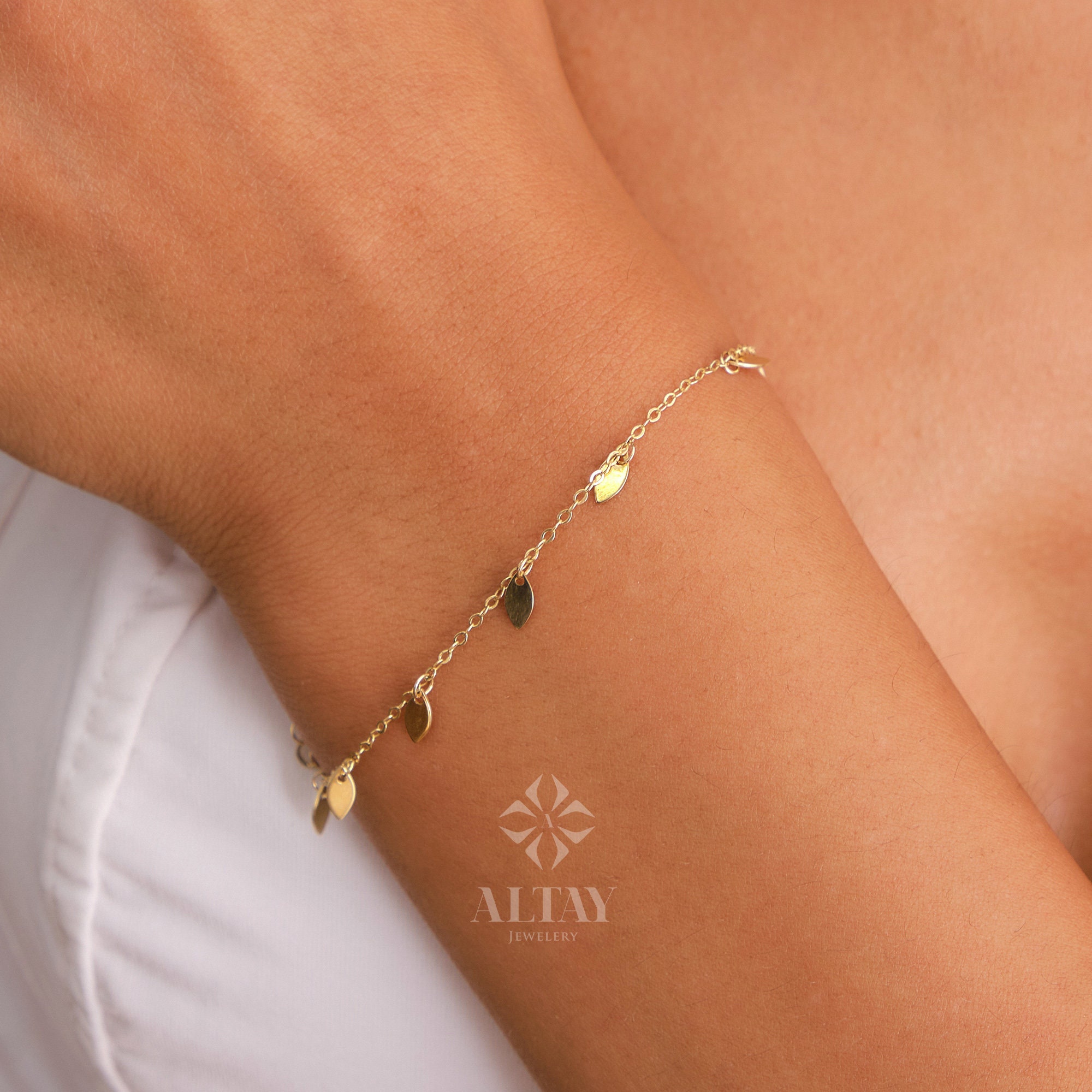 14K Gold Dangling Leaf Bracelet, Leaf Charm Bracelet, Coin Charm Chain  Bracelet Jewelry -  Australia