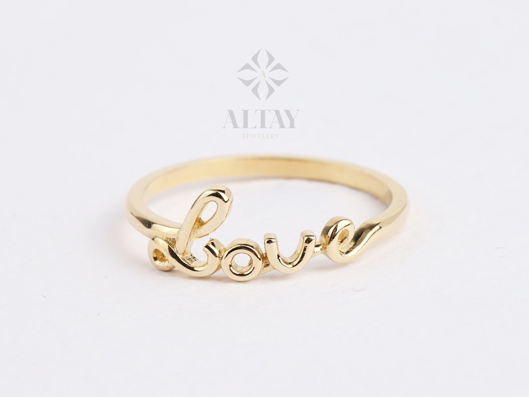 14K Gold Love Ring, Cursive Love Word Signet Ring, Stackable Love Ring