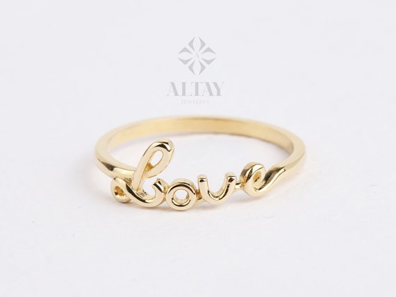 14K Gold Love Ring, Cursive Love Word Signet Ring, Stackable Love Ring, Dainty Script Love Ring, Love Engraved Gold Ring, Engagement Ring