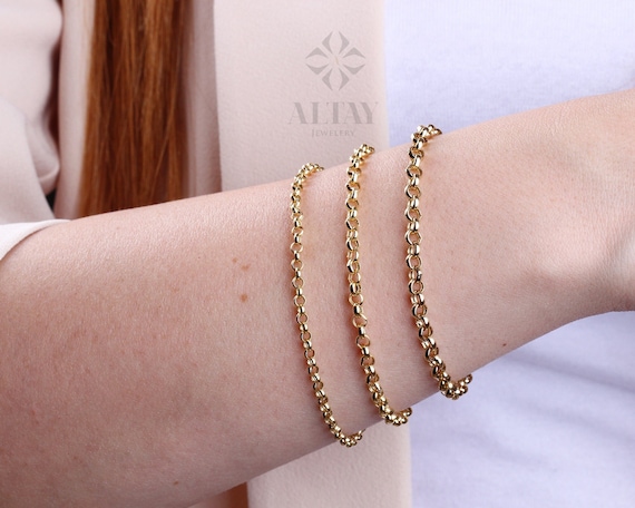 14K Gold Rolo Chain Bracelet, 3mm 4mm 5mm Gold Link Belcher Chain Bracelet, Oval Rolo Men Women Bracelet, Dainty Stacking Bracelet