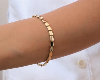 14K Gold Brick Link Bracelet, 5mm Geometric Gold Tile Bracelet, Modern Tapered Link Bracelet, Minimal Statement Gold Jewelry, Gift for Her
