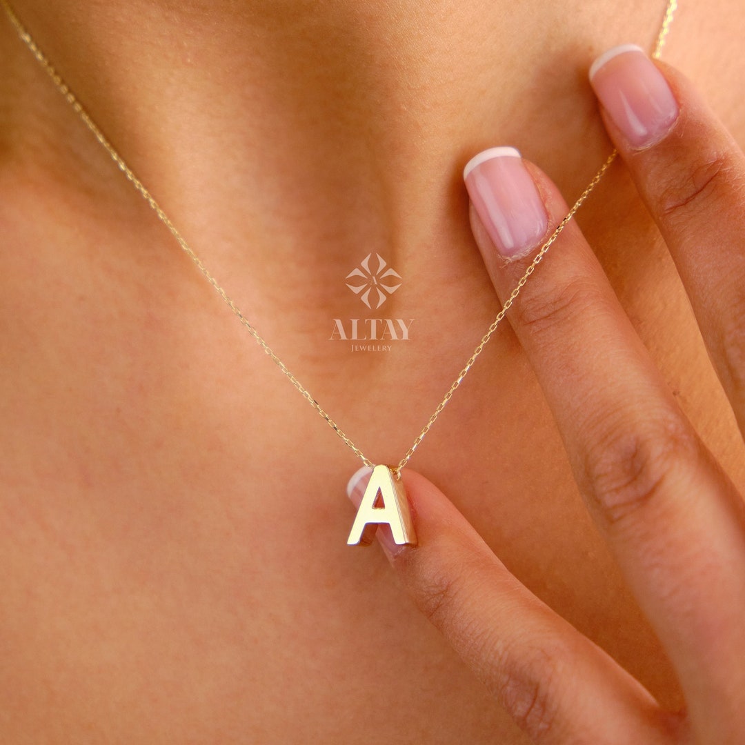 14K Solid Gold Initial Necklace, Letter Pendant Choker, Minimal Letter Charm, Name Necklace