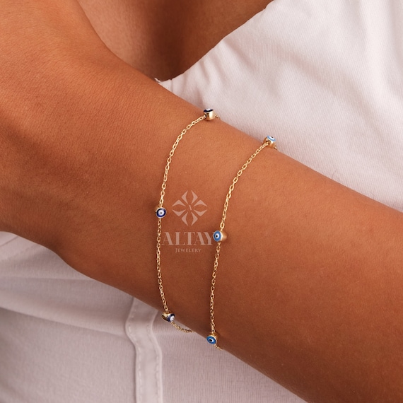 14K Gold Evil Eye Bracelet, Gold Chain Bracelet, Evil Eye Charm Bracelet, Minimalist Jewelry, Dainty Layering Evil Eye, Gift for Her
