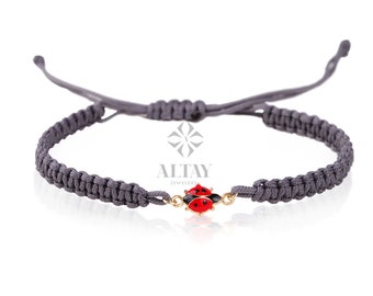 14K Gold Ladybug String Bracelet, Adjustable Bracelet, Good Luck String, Silk Cord Ladybug Bracelet, Tiny Rope Ladybug, Minimalist Gift