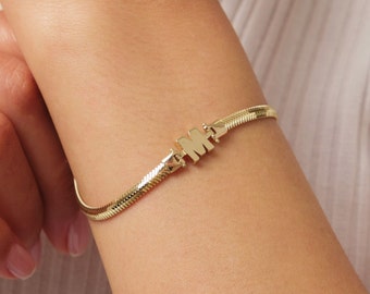 14K Gold Snake Chain Initial Bracelet, 2.5mm Herringbone Bracelet, Name Letter Bracelet, Handmade Snake Bracelet, Layering Gold Bracelet