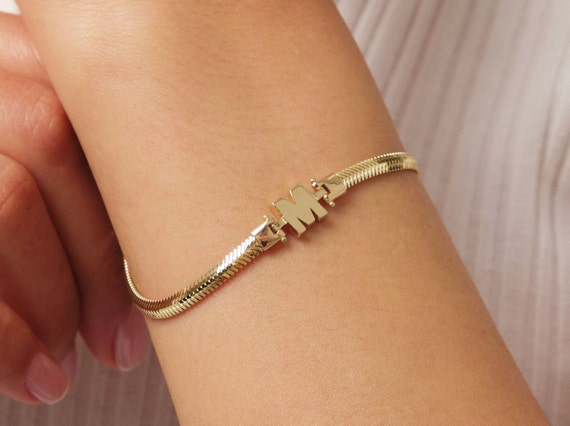 14K Gold Snake Chain Initial Bracelet, 2.5mm Herringbone Bracelet, Name Letter Bracelet, Handmade Snake Bracelet, Layering Gold Bracelet