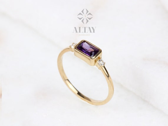 14K Gold Amethyst Ring, Baguette February Birthstone, Amethyst Wedding Band, Diamond Engagement Ring, Gold Purple Gemstone, Matching Band