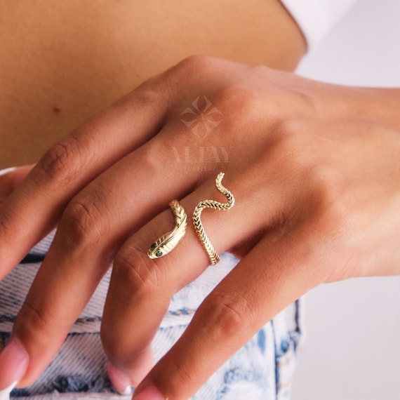 14K Gold Snake Ring, Wrap Serpent Band, Birthstone Eyes Ring, Dainty Stacking Animal Rings, Open Band Gemstone Custom Ring, Anniversary Ring