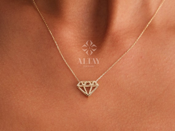 14K Gold Diamond Shape Pendant, Diamond Cutout Necklace, Diamond Pattern Choker, Gold Diamond Outline Necklace, Diamond Pattern