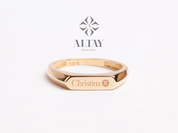 14K Gold Signet Bar Ring, Rectangle Signet Band, Chevalier Ring, Engraved Signet Ring, Custom Name Pinky Ring, Dainty Personalized Flat Ring