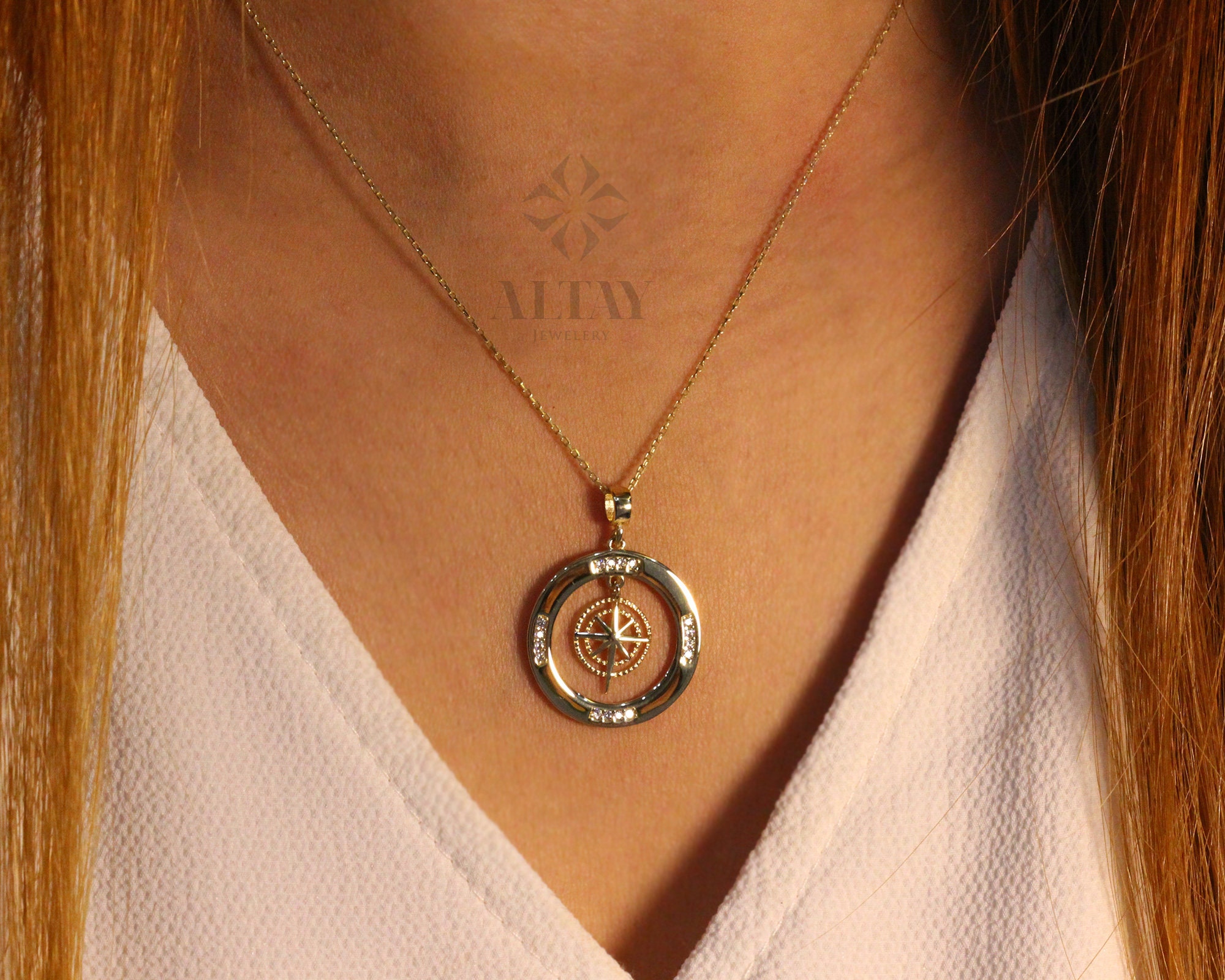 14K Gold Compass Necklace, Zirconia Stones Compass Jewelry, Cz Diamonds