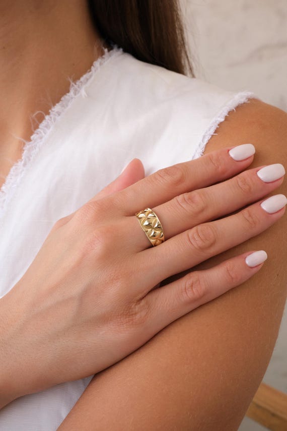 14K Gold Textured Band Ring, Square Pattern Wedding Ring, Minimalist Matching Ring, Signet Eternity Ring, Chunky Marriage Band