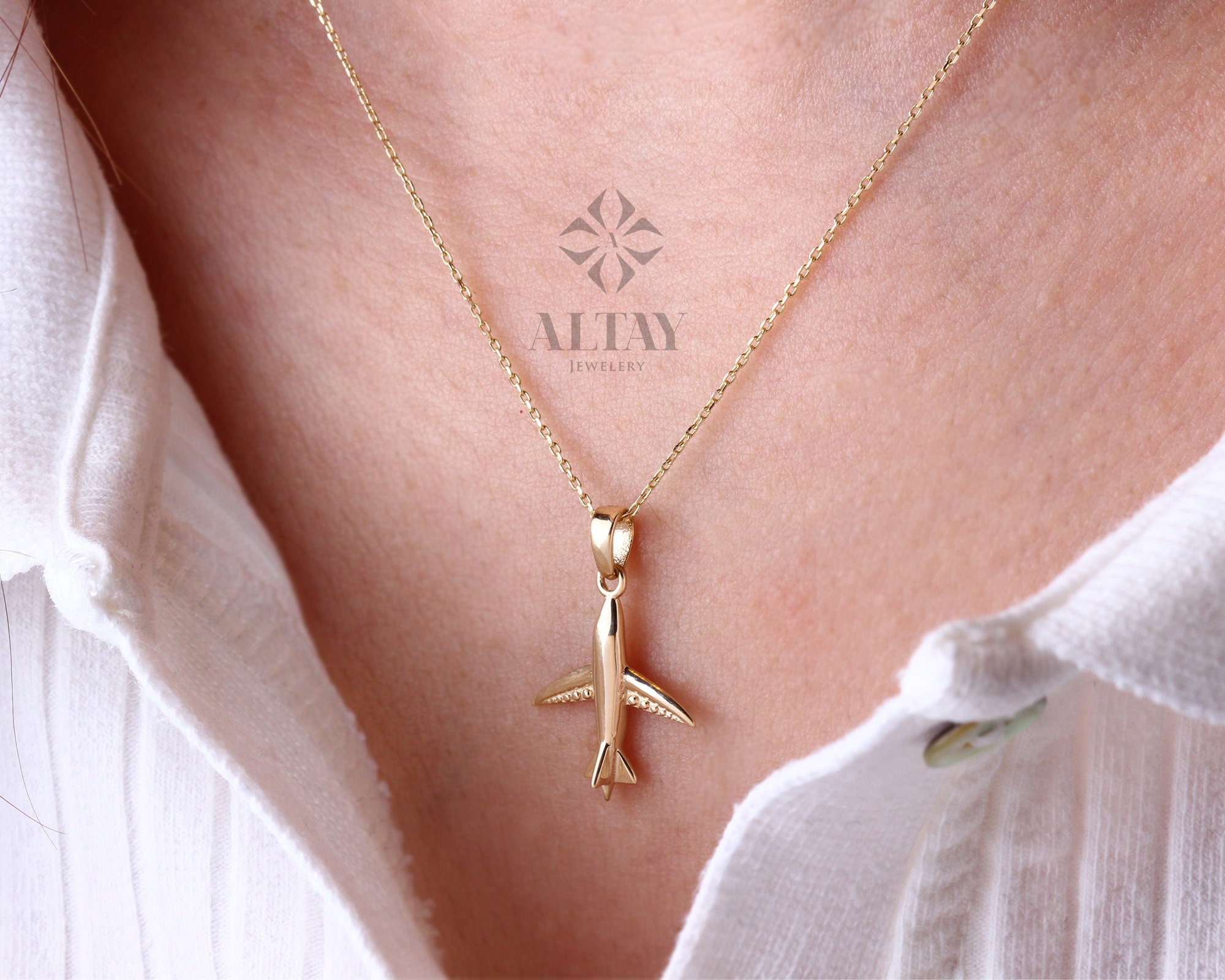 14K Real Solid Gold Airplane Plane Jet Fighter Aircraft Pendant Necklace for Women 16 Inches Rose Gold