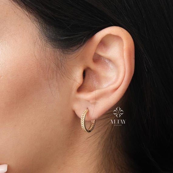 14K Gold Braided Hoop Earrings, Small Leaf Huggies, Rope Leaf Huggies Earrings, Gold Tiny Hoop Earrings, Huggies Hoop, Dainty Hoop Earrings