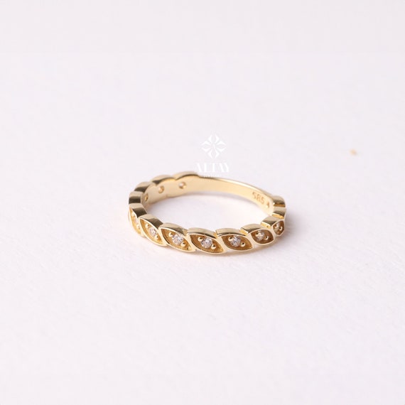 14K Gold Vine Ring, Art Deco Wedding Band Ring, Leaf Band Ring, Nature Inspired Ring, Marquise Wedding Band, Cz Half Eternity Ring