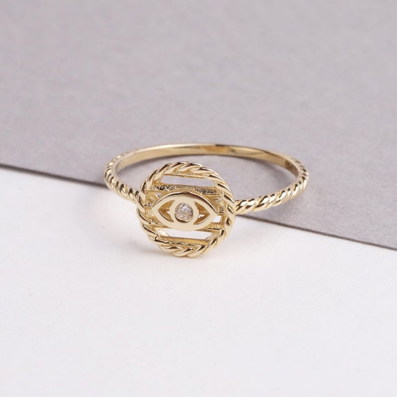 14K Gold Round Evil Eye Ring, Tiny Third Eye Ring, Minimal Protection Band Ring, Simple Small Engagement Ring, Religious Good Luck Jewelry