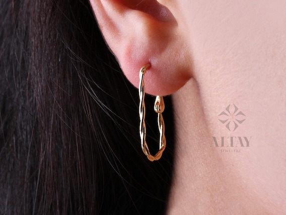 14K Gold Twisted Rectangle Earrings, Twisted Stone Hoop Earrings, Tiny Spiral Dainty Earring, Dainty Delicate Gift For Her, Mothers Day Gift