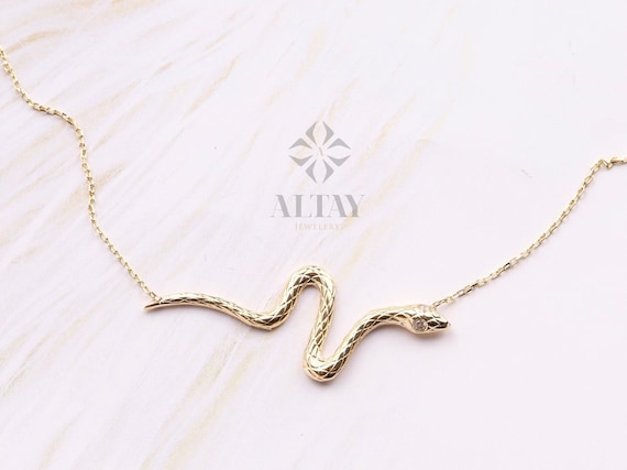 14K Gold Snake Necklace, Gold Snake Pendant, Animal Choker, Serpent Jewelry, Animal Jewelry, Birthday, Gift For Her