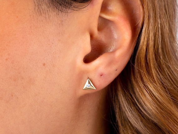 14K Gold Triangle Stud Earrings Cz Diamond Earrings, Minimalist Dainty Earrings, CZ Stud Earrings, Geometric Stud, Gift For Her