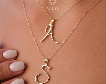 14K Gold Initial Necklace, Custom Cursive Letter Pendant, Real Gold Alphabet Charm Necklace, Personalized Gift for Her, Dainty Jewelry