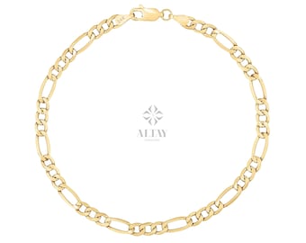 14K Gold Figaro Chain Bracelet, 5mm Layering Mariner Chain, Italian Figaro Chain Bracelet, Figaro Link Chain Gold Bracelet, Dainty Bracelet