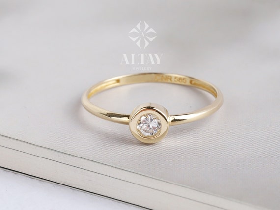 14K Solitaire Ring, CZ Diamond Bezel Ring, Stackable Band Ring, Dainty Promise Ring, CZ Diamond Engagement Band Ring, Round Bezel Set Ring